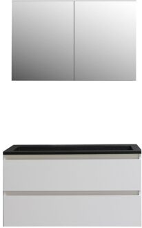 Boss & Wessing Badkamermeubel BWS Pepper Wastafel Acryl Mat Zwart Incl Spiegelkast 2 Deurs Zonder Kraangat 100x55x46 cm Wit