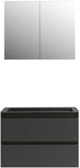 Boss & Wessing Badkamermeubel BWS Pepper Wastafel Acryl Mat Zwart Incl Spiegelkast 2 Deurs Zonder Kraangat 80x55x46 cm Antraciet