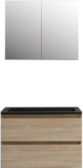 Boss & Wessing Badkamermeubel BWS Pepper Wastafel Acryl Mat Zwart Incl Spiegelkast 2 Deurs Zonder Kraangat 80x55x46 cm Eiken