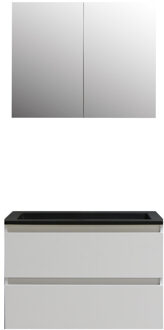 Boss & Wessing Badkamermeubel BWS Pepper Wastafel Acryl Mat Zwart Incl Spiegelkast 2 Deurs Zonder Kraangat 80x55x46 cm Wit
