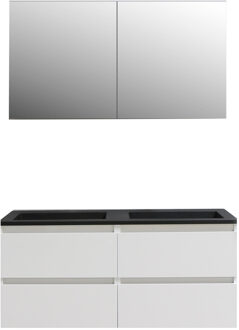 Boss & Wessing Badkamermeubel BWS Pepper Wastafel Acryl Mat Zwart Incl Spiegelkast 2 Deurs Zonder Krg 120x55x46 cm Wit