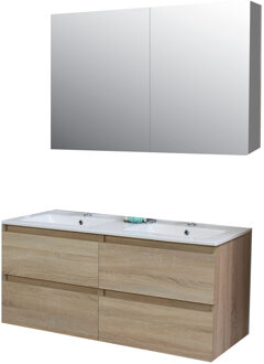 Boss & Wessing Badkamermeubel BWS Pepper Wastafel Porselein 2 Kraangaten Spiegelkast 120x55x46 cm Eiken