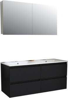 Boss & Wessing Badkamermeubel BWS Pepper Wastafel Porselein 2 Kraangaten Spiegelkast 120x55x46 cm Mat Zwart