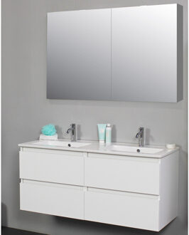 Boss & Wessing Badkamermeubel BWS Pepper Wastafel Porselein 2 Kraangaten Spiegelkast 120x55x46 cm Wit Hoogglans Wit