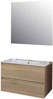 Boss & Wessing Badkamermeubel BWS Pepper Wastafel Porselein Incl Spiegel En Kraangat 80x55x46 cm Eiken