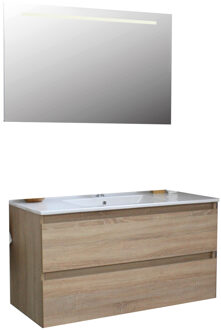 Boss & Wessing Badkamermeubel BWS Pepper Wastafel Porselein Incl Spiegel Met LED Verlichting En Kraangat 100x55x46 cm Eiken