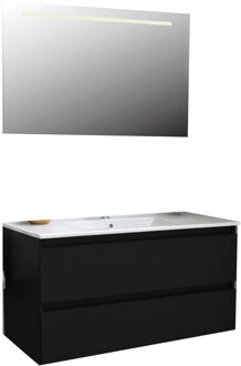 Boss & Wessing Badkamermeubel BWS Pepper Wastafel Porselein Incl Spiegel Met LED Verlichting En Kraangat 100x55x46 cm Mat Zwart