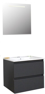 Boss & Wessing Badkamermeubel BWS Pepper Wastafel Porselein Incl Spiegel Met LED Verlichting En Kraangat 60x55x46 cm Antraciet