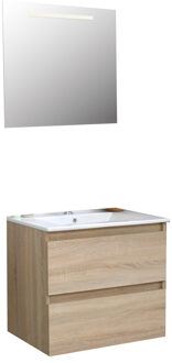 Boss & Wessing Badkamermeubel BWS Pepper Wastafel Porselein Incl Spiegel Met LED Verlichting En Kraangat 60x55x46 cm Eiken