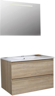 Boss & Wessing Badkamermeubel BWS Pepper Wastafel Porselein Incl Spiegel Met LED Verlichting En Kraangat 80x55x46 cm Eiken