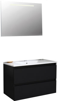 Boss & Wessing Badkamermeubel BWS Pepper Wastafel Porselein Incl Spiegel Met LED Verlichting En Kraangat 80x55x46 cm Mat Zwart