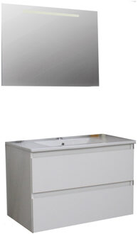 Boss & Wessing Badkamermeubel BWS Pepper Wastafel Porselein Incl Spiegel Met LED Verlichting En Kraangat 80x55x46 cm Wit