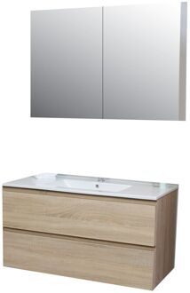 Boss & Wessing Badkamermeubel BWS Pepper Wastafel Porselein Incl Spiegelkast 2 Deurs Met 1 Krg 100x55x46 cm Eiken