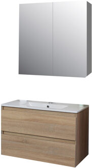 Boss & Wessing Badkamermeubel BWS Pepper Wastafel Porselein Incl Spiegelkast 2 Deurs Met 1 Krg 80x55x46 cm Eiken