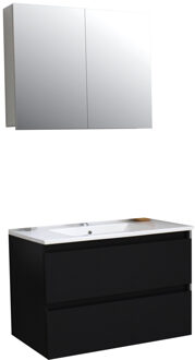 Boss & Wessing Badkamermeubel BWS Pepper Wastafel Porselein Incl Spiegelkast 2 Deurs Met 1 Krg 80x55x46 cm Mat Zwart