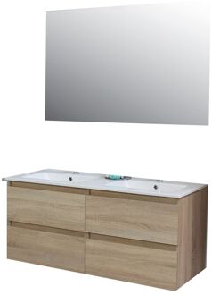 Boss & Wessing Badkamermeubel BWS Pepper Wastafel Porselein Twee Kraangaten Incl Spiegel 120x55x46 cm Eiken