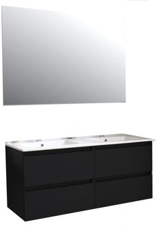 Boss & Wessing Badkamermeubel BWS Pepper Wastafel Porselein Twee Kraangaten Incl Spiegel 120x55x46 cm Mat Zwart