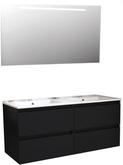 Boss & Wessing Badkamermeubel BWS Pepper Wastafel Porselein Twee Kraangaten Incl Spiegel Met LED Verlichting 120x55x46 cm Mat Zwart