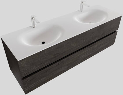 Boss & Wessing Badkamermeubel Solid Surface BWS Stockholm 150x46 cm Dubbel Wood Dark Brown (2 kraangaten) Houtlook