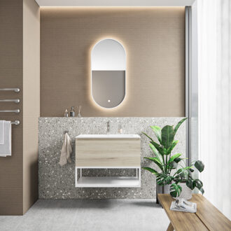 Boss & Wessing Badkamermeubelset BWS Anubis Frame 90cm 1 Lade Natuur Eiken Met Wastafel (Naar Keuze)