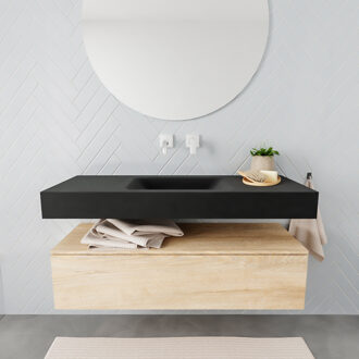 Boss & Wessing Badmeubel Ibiza 120 cm Washed Oak Spoelbak Midden Mat Zwart (0 kraangaten)