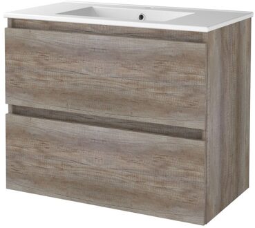 Boss & Wessing Badmeubelset Aquasplash Salt 80x46 cm Greeploos 2 Lades Met Wastafel 1 Kraangat Scotch Oak Aquasplash