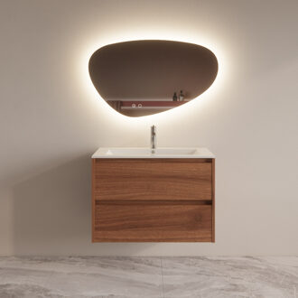 Boss & Wessing Badmeubelset BWS Riga Met Asia Wastafel Wit 80 cm Walnoot Bruin