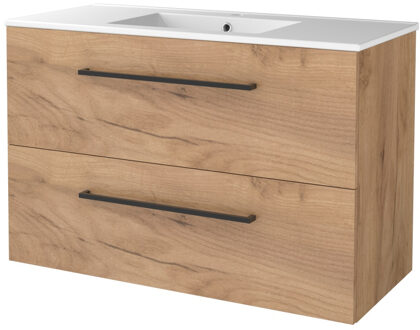 Boss & Wessing Badmeubelset BWS Salt 100x46cm Met Grepen 2 Lades Met Wastafel 1 Kraangat Whisky Oak Bruin