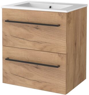 Boss & Wessing Badmeubelset BWS Salt 60x46cm Met Grepen 2 Lades Met Wastafel 1 Kraangat Whisky Oak Bruin