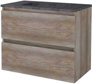 Boss & Wessing Badmeubelset BWS Salt 80x46cm Greeploos 2 Lades Met Wastafel Hardsteen 1 Kraangat Scotch Oak Bruin