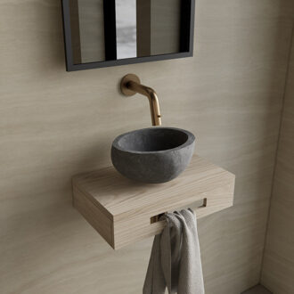 Boss & Wessing Complete Fonteinset BWS Hold Met Handoekhouder Waskom Natuursteen Grijs En Fonteinkraan Goud Boss & Wessing