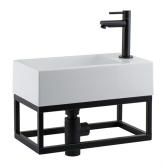 Boss & Wessing Fonteinset BWS Solid Black 40x22x10 cm met Mat Zwart Frame (kraangat rechts, exclusief kraan) Mat Wit