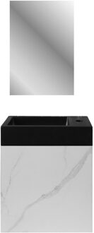 Boss & Wessing Fonteinset BWS Sona Fonteinkast Wit Marmer Wastafel Mat Zwart en Spiegel Met Omlijsting