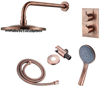 Boss & Wessing Inbouw Regendouche Set BWS Copper met Wanduitloop en 3 Standen Handdouche Geborsteld Koper 20 cm