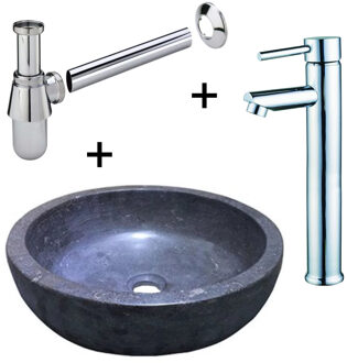 Boss & Wessing Natuursteen waskomset Compleet Inclusief Hoge Kraan Chroom Waskom en Sifon Zwart