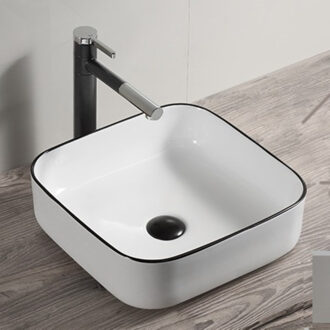 Boss & Wessing Opbouw Waskom BWS Premium 40x40x14 cm Keramiek Wit met Zwarte Lijn