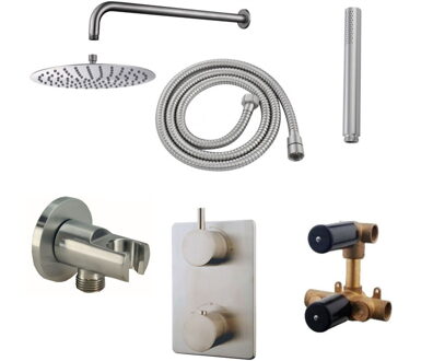 Boss & Wessing Thermostatisch Inbouwdoucheset Aqua Splash Muuruitloop Rond 20 cm Geborsteld RVS Aqua Splash