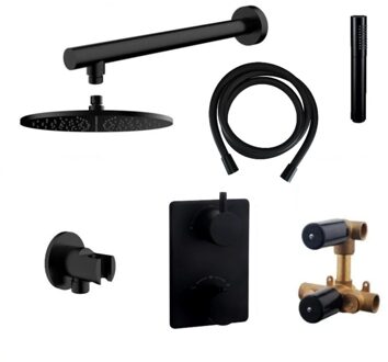 Boss & Wessing Thermostatisch Inbouwdoucheset Aqua Splash Muuruitloop Rond 20 cm Mat Zwart Aqua Splash