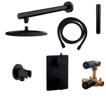 Boss & Wessing Thermostatisch Inbouwdoucheset Aqua Splash Muuruitloop Rond 30 cm Mat Zwart Aqua Splash