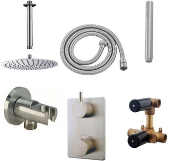 Boss & Wessing Thermostatisch Inbouwdoucheset BWS Plafonduitloop Rond 30 cm Geborsteld RVS RVS Look