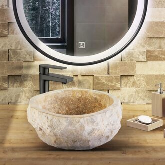 Boss & Wessing Waskom BWS Stone Rond 35x35x15 cm Met Gepolijste Binnenzijde Natuursteen Creme