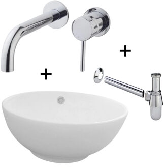 Boss & Wessing Waskomset Budget Inclusief Inbouw Wastafelkraan Chroom Keramische Wastafel En Sifon Wit