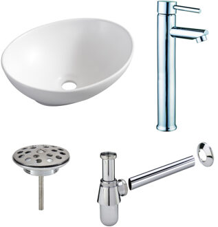 Boss & Wessing Waskomset BWS Ovaal 40x33x14.5 cm Keramiek Mat Wit / Chroom (inclusief kraan, afvoer en sifon)