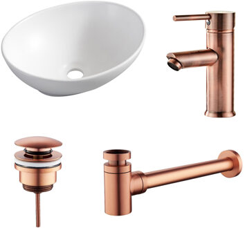 Boss & Wessing Waskomset BWS Ovaal 40x33x14.5 cm Keramiek Mat Wit / Koper (inclusief kraan, afvoer en sifon)