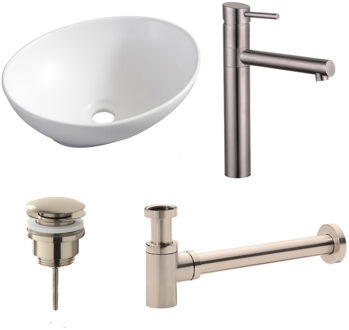 Boss & Wessing Waskomset BWS Ovaal 40x33x14.5 cm Keramiek Mat Wit / RVS (inclusief kraan, afvoer en sifon)