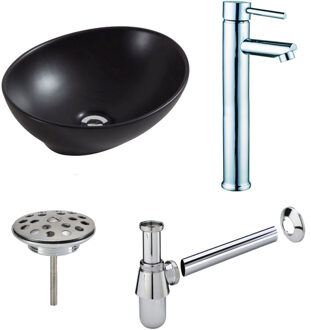 Boss & Wessing Waskomset BWS Ovaal 40x33x14.5 cm Keramiek Mat Zwart / Chroom (inclusief kraan, afvoer en sifon)