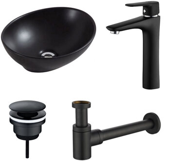 Boss & Wessing Waskomset BWS Ovaal 40x33x14.5 cm Keramiek Mat Zwart (inclusief kraan, afvoer en sifon)
