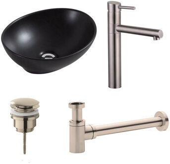 Boss & Wessing Waskomset BWS Ovaal 40x33x14.5 cm Keramiek Mat Zwart / RVS (inclusief kraan, afvoer en sifon)