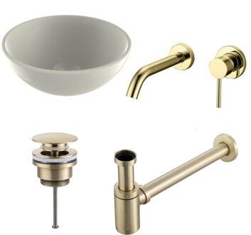 Boss & Wessing Waskomset BWS Rond 26x12 cm Keramiek Glanzend Wit / Goud (inclusief kraan, afvoer en sifon)