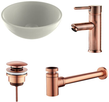 Boss & Wessing Waskomset BWS Rond 26x12 cm Keramiek Glanzend Wit / Koper (inclusief kraan, afvoer en sifon)